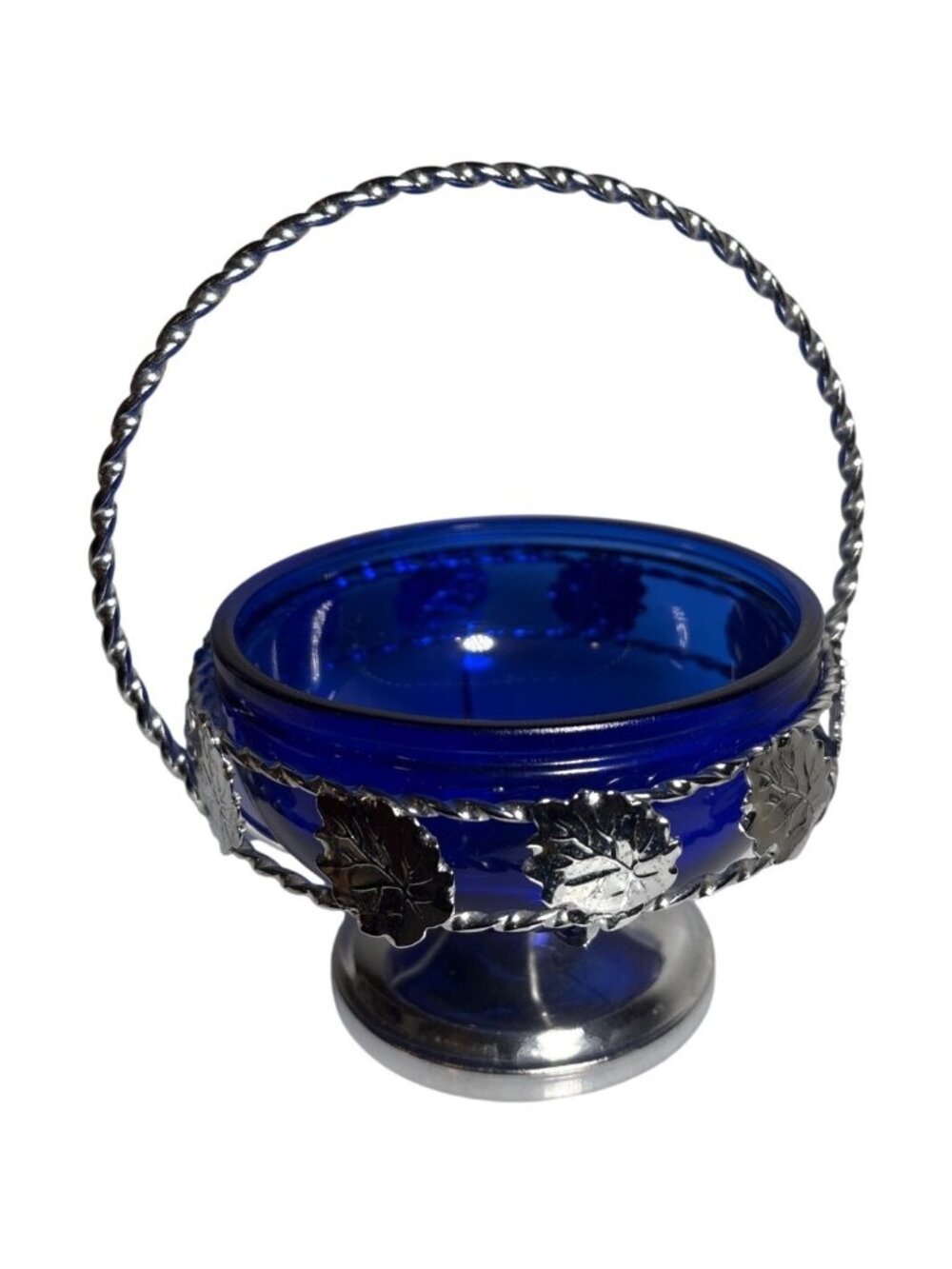 Vintage Cobalt Blue Glass Bowl Condiments Silver Plated Basket Leaf Design 4"